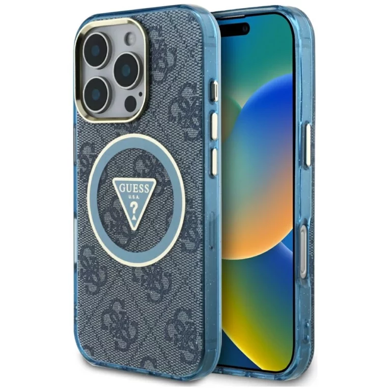 Etui Guess IML Metal Glitter 4G Circle Triangle MagSafe na iPhone 16 Pro Max - niebieskie