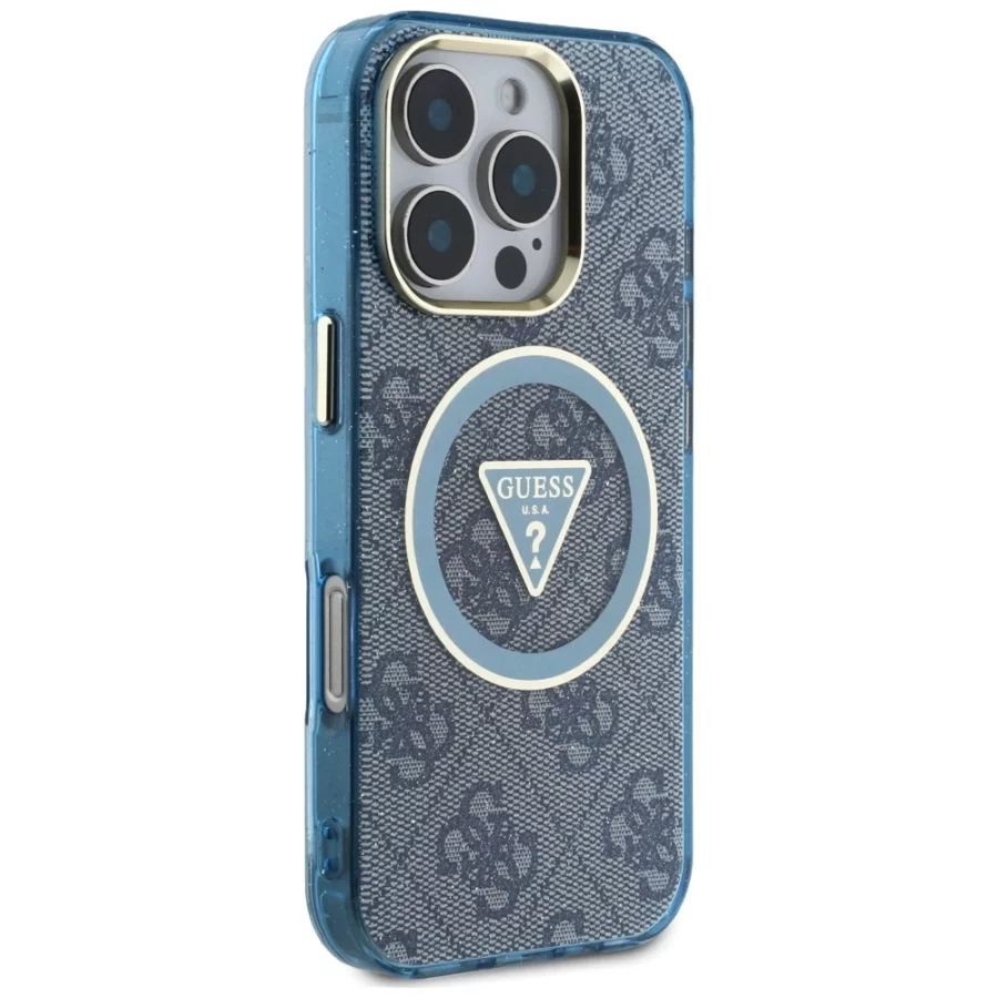 Etui Guess IML Metal Glitter 4G Circle Triangle MagSafe na iPhone 16 Pro Max - niebieskie