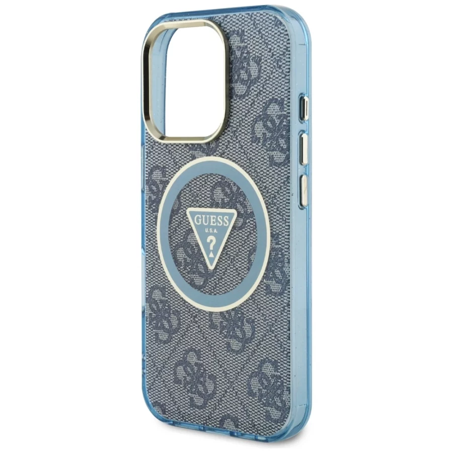 Etui Guess IML Metal Glitter 4G Circle Triangle MagSafe na iPhone 16 Pro Max - niebieskie