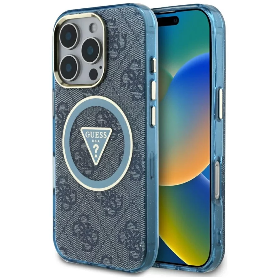 Etui Guess IML Metal Glitter 4G Circle Triangle MagSafe na iPhone 16 Pro - niebieskie