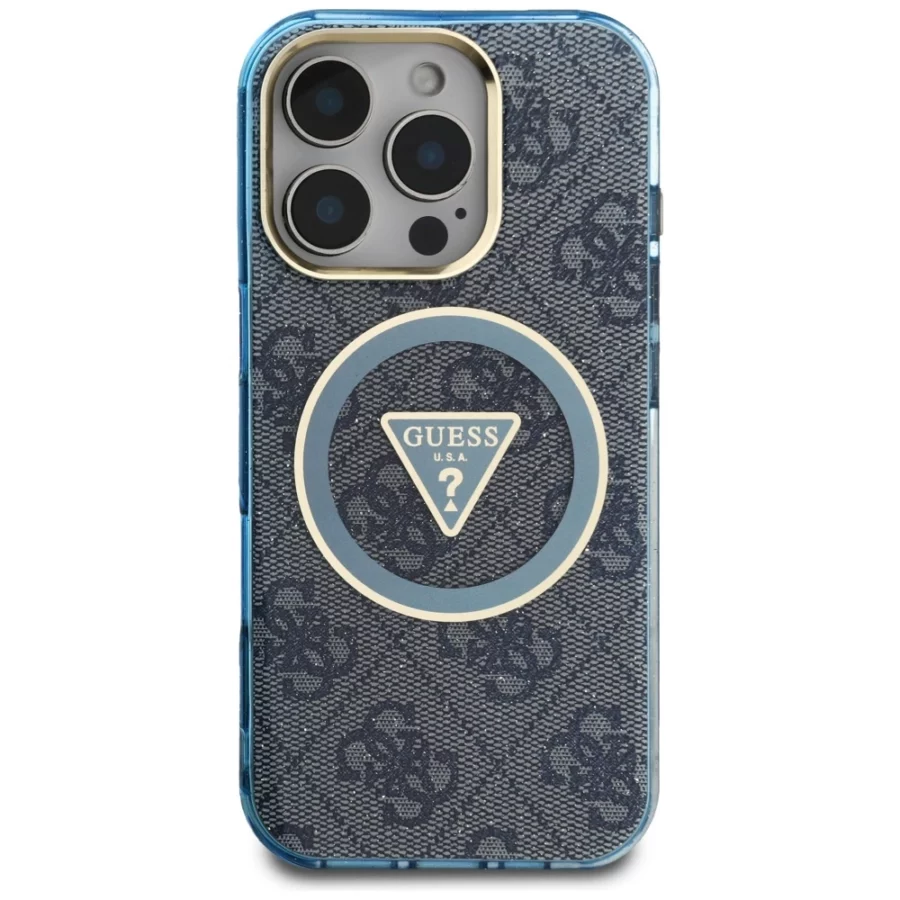 Etui Guess IML Metal Glitter 4G Circle Triangle MagSafe na iPhone 16 Pro - niebieskie