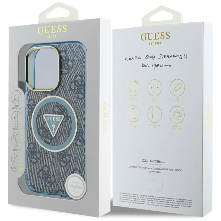 Etui Guess IML Metal Glitter 4G Circle Triangle MagSafe na iPhone 16 Pro - niebieskie