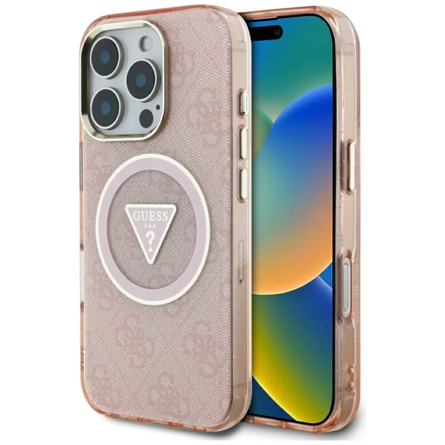Etui Guess IML Metal Glitter 4G Circle Triangle MagSafe na iPhone 16 Pro - różowe