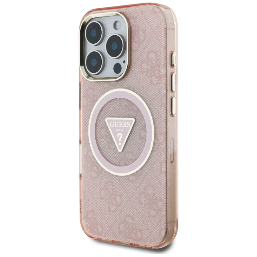 Etui Guess IML Metal Glitter 4G Circle Triangle MagSafe na iPhone 16 Pro - różowe
