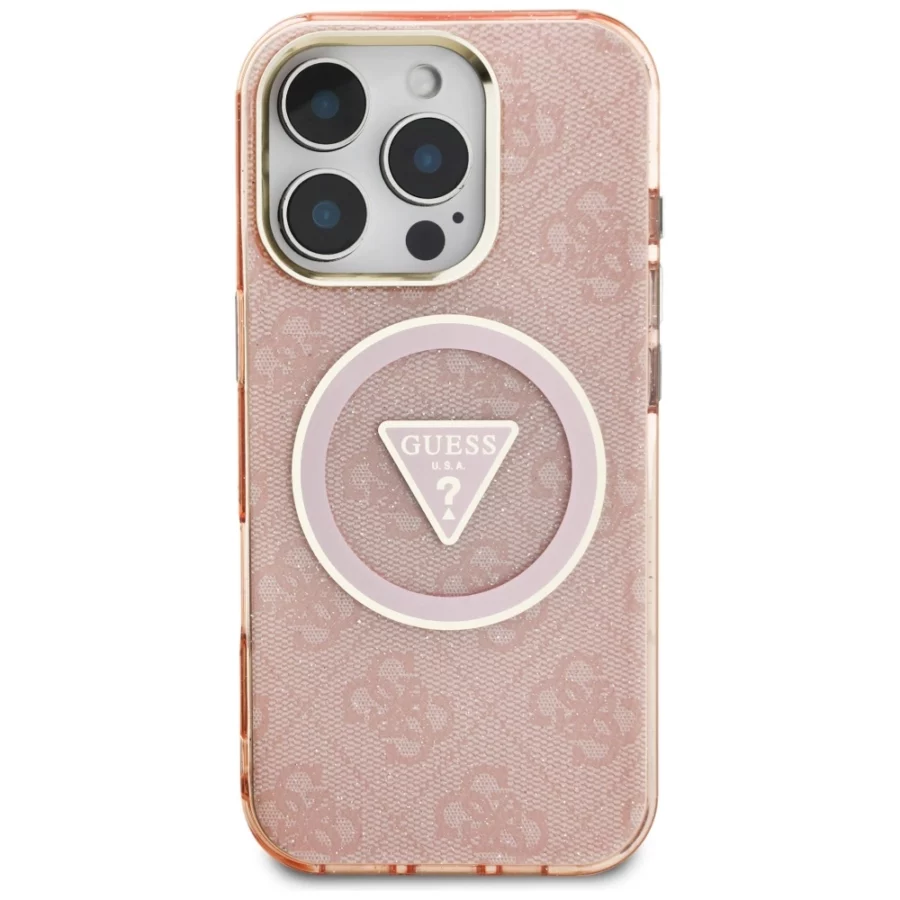 Etui Guess IML Metal Glitter 4G Circle Triangle MagSafe na iPhone 16 Pro - różowe