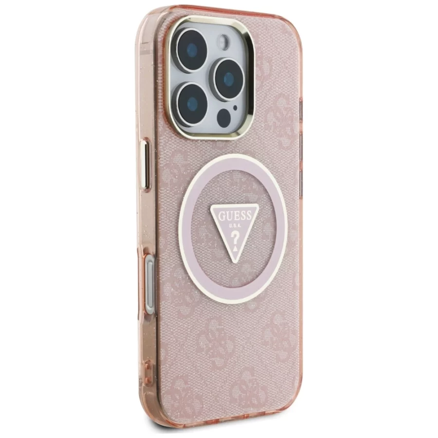 Etui Guess IML Metal Glitter 4G Circle Triangle MagSafe na iPhone 16 Pro - różowe