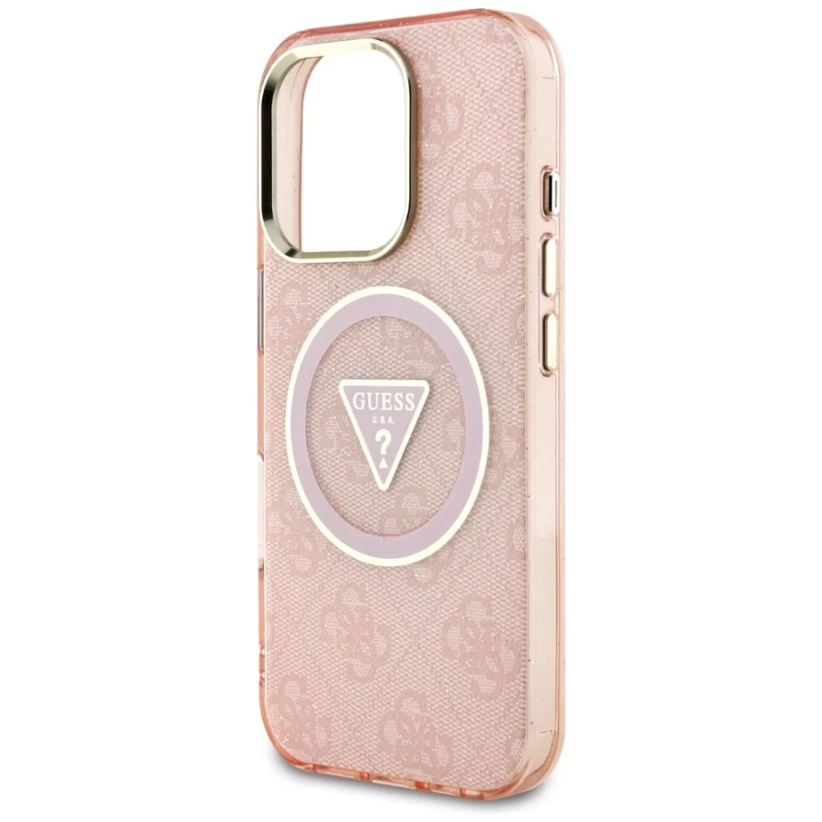 Etui Guess IML Metal Glitter 4G Circle Triangle MagSafe na iPhone 16 Pro - różowe