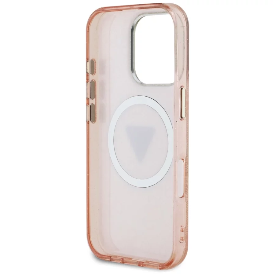 Etui Guess IML Metal Glitter 4G Circle Triangle MagSafe na iPhone 16 Pro - różowe