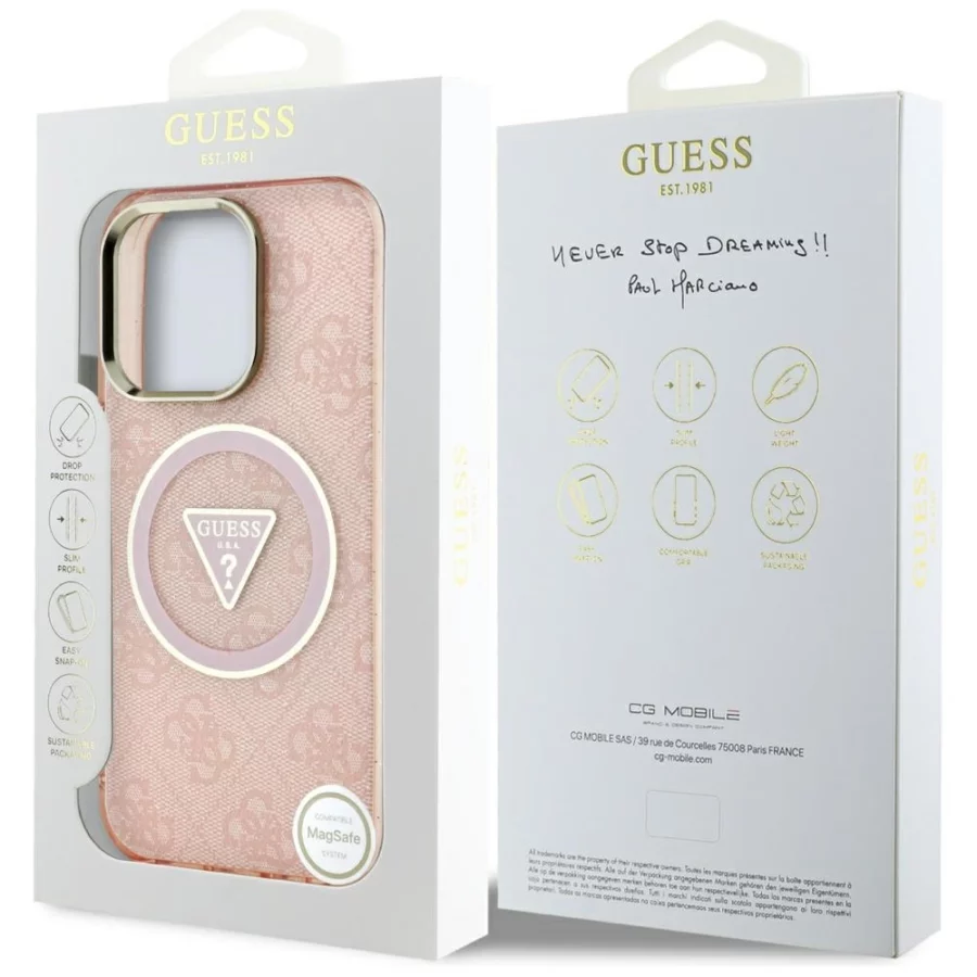 Etui Guess IML Metal Glitter 4G Circle Triangle MagSafe na iPhone 16 Pro - różowe