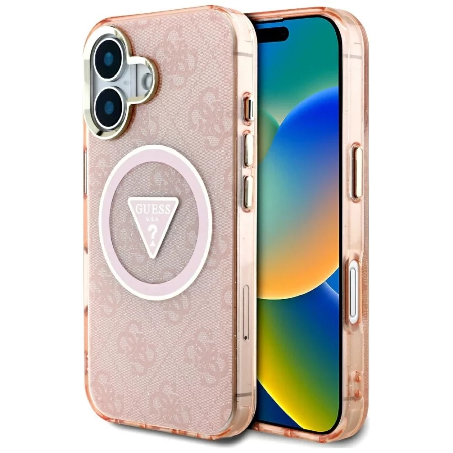 Etui Guess IML Metal Glitter 4G Circle Triangle MagSafe na iPhone 16 - różowe