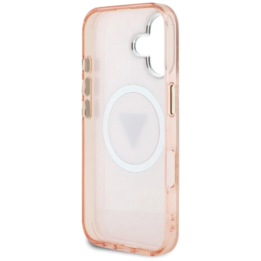 Etui Guess IML Metal Glitter 4G Circle Triangle MagSafe na iPhone 16 - różowe