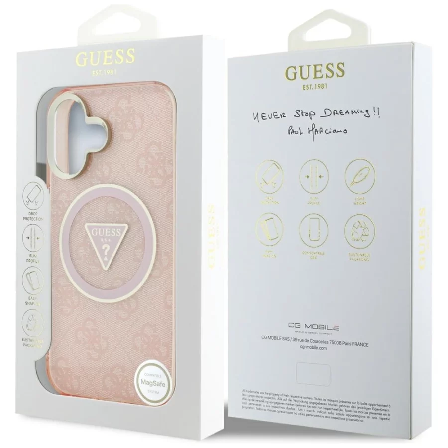 Etui Guess IML Metal Glitter 4G Circle Triangle MagSafe na iPhone 16 - różowe