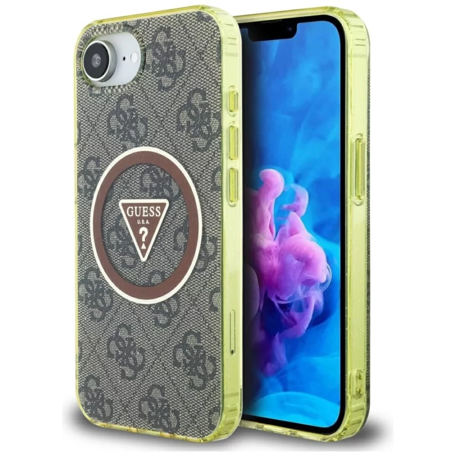 Etui Guess IML Metal Glitter 4G Circle Triangle MagSafe na iPhone 16e - brązowe