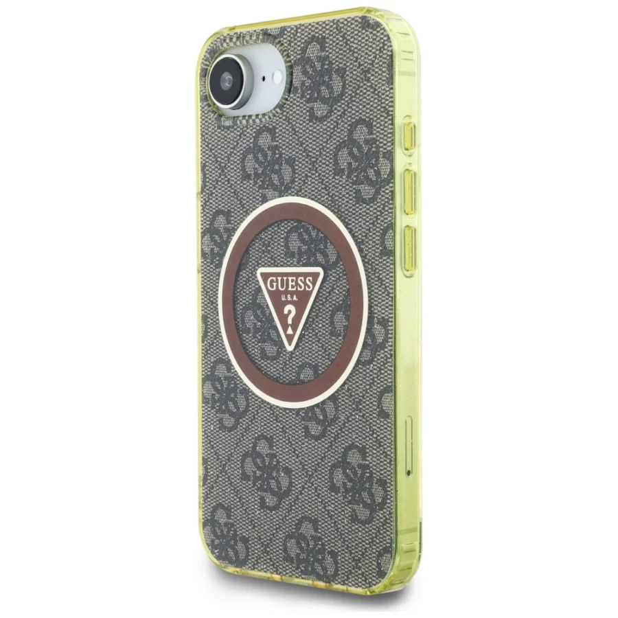 Etui Guess IML Metal Glitter 4G Circle Triangle MagSafe na iPhone 16e - brązowe