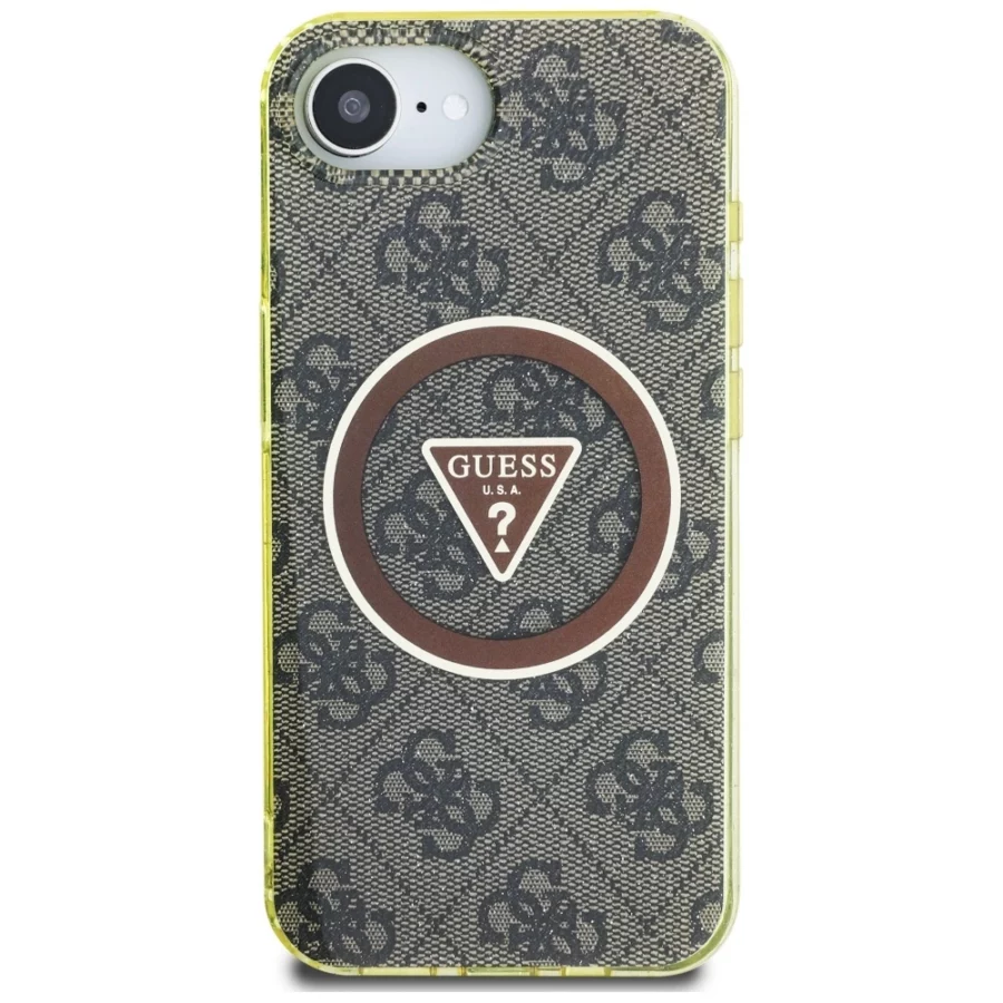 Etui Guess IML Metal Glitter 4G Circle Triangle MagSafe na iPhone 16e - brązowe