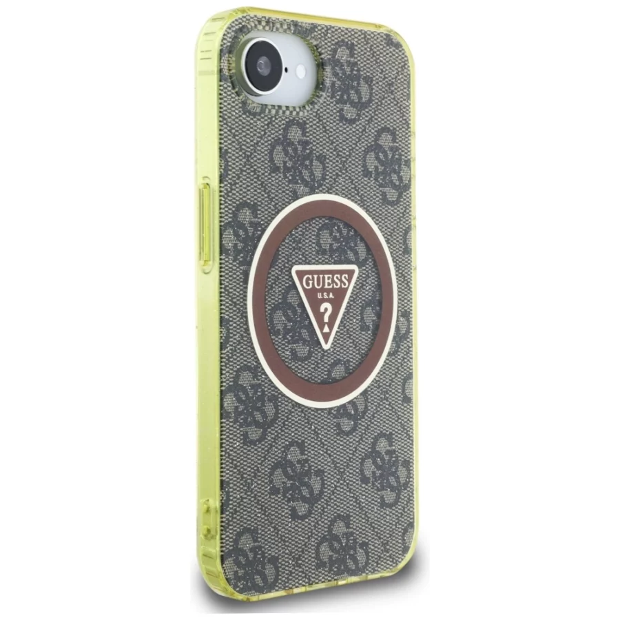 Etui Guess IML Metal Glitter 4G Circle Triangle MagSafe na iPhone 16e - brązowe