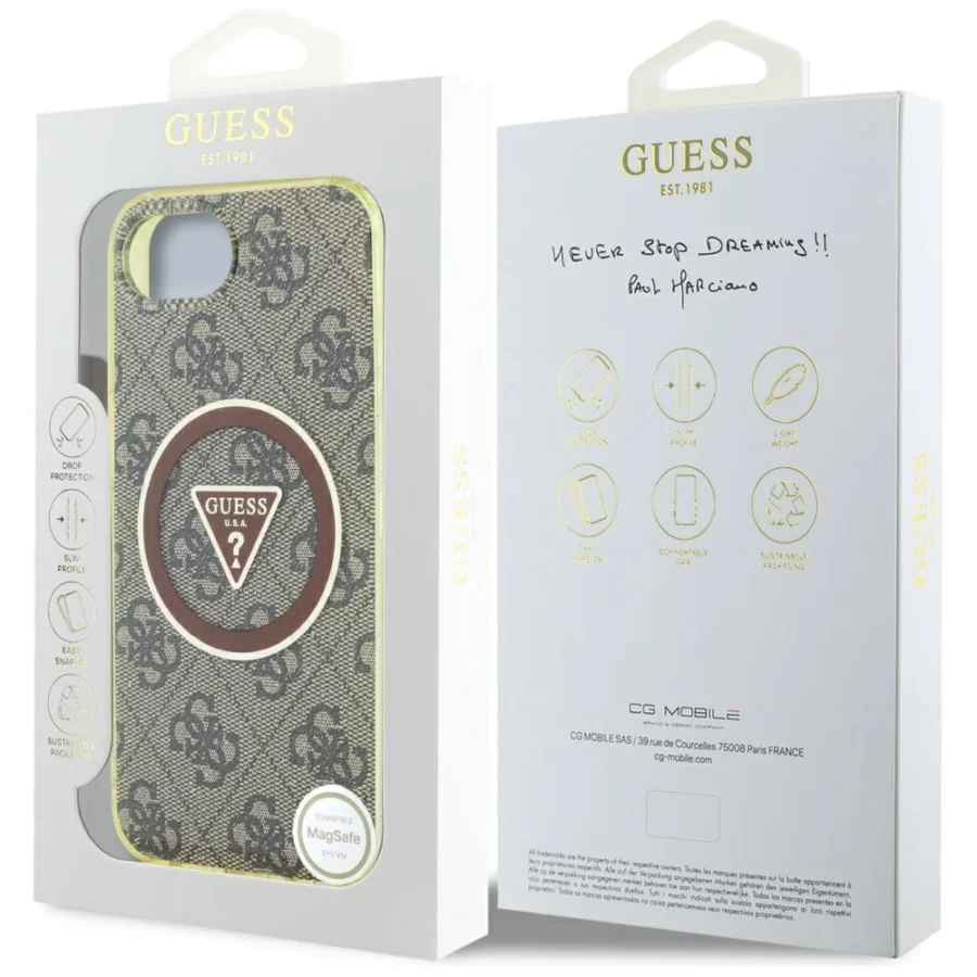 Etui Guess IML Metal Glitter 4G Circle Triangle MagSafe na iPhone 16e - brązowe