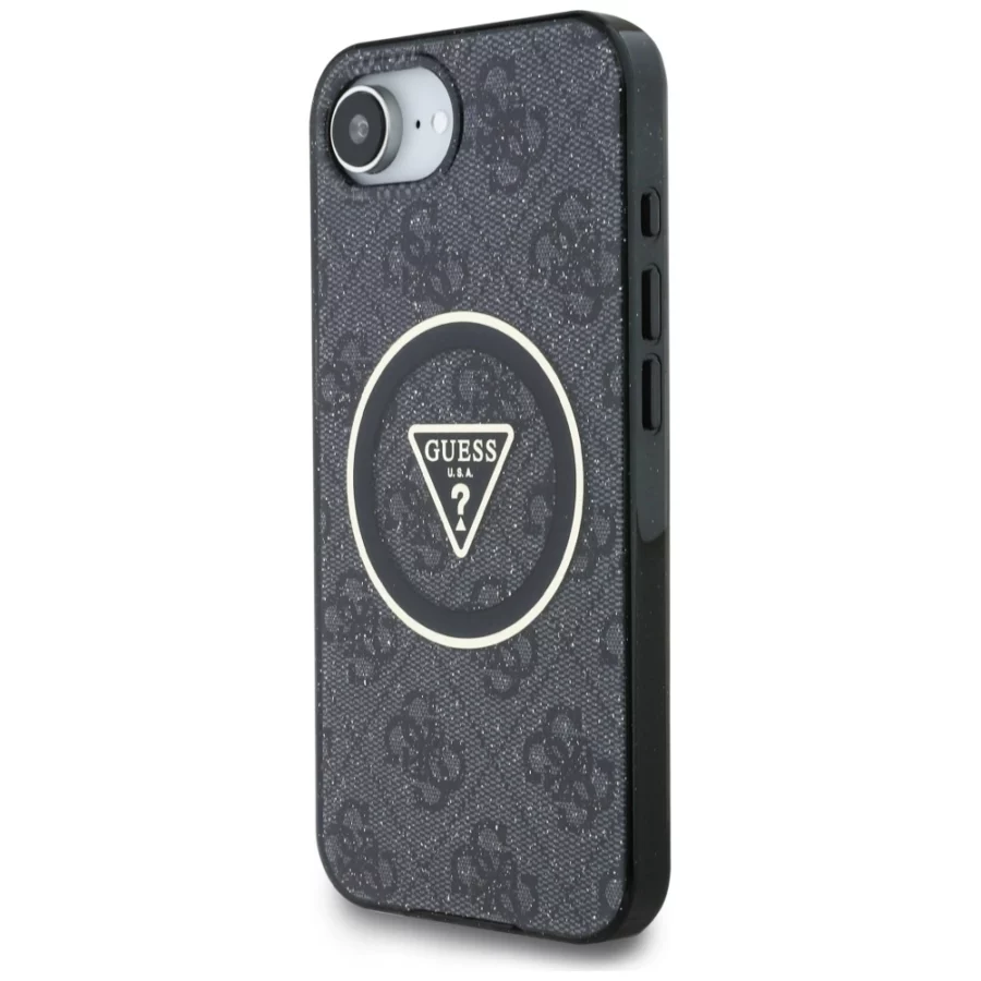 Etui Guess IML Metal Glitter 4G Circle Triangle MagSafe na iPhone 16e - czarne