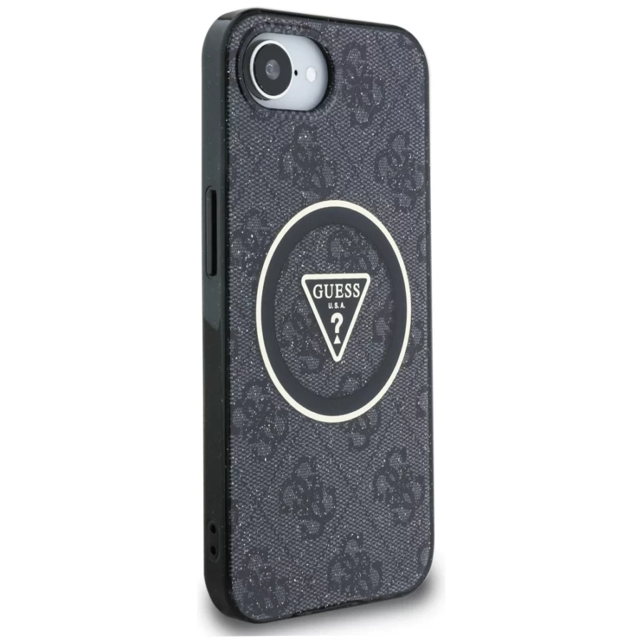 Etui Guess IML Metal Glitter 4G Circle Triangle MagSafe na iPhone 16e - czarne
