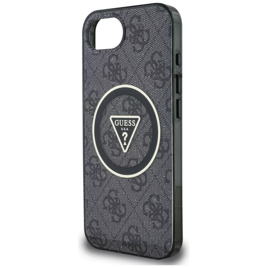 Etui Guess IML Metal Glitter 4G Circle Triangle MagSafe na iPhone 16e - czarne