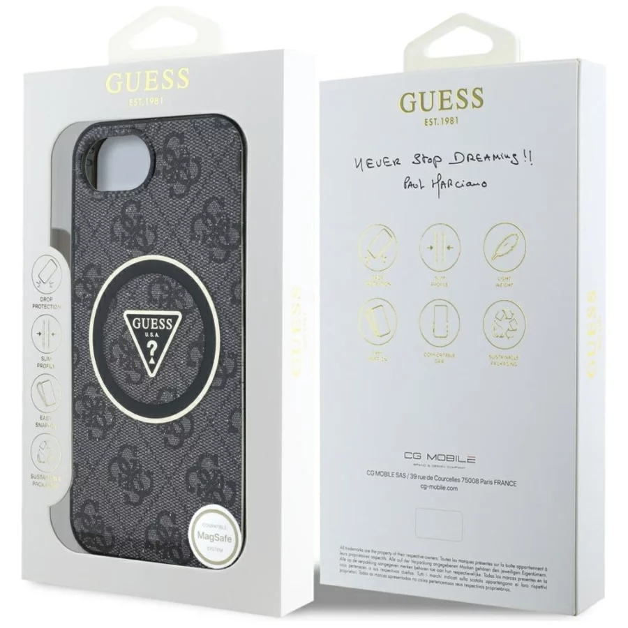 Etui Guess IML Metal Glitter 4G Circle Triangle MagSafe na iPhone 16e - czarne