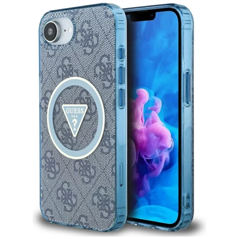 Etui Guess IML Metal Glitter 4G Circle Triangle MagSafe na iPhone 16e - niebieskie