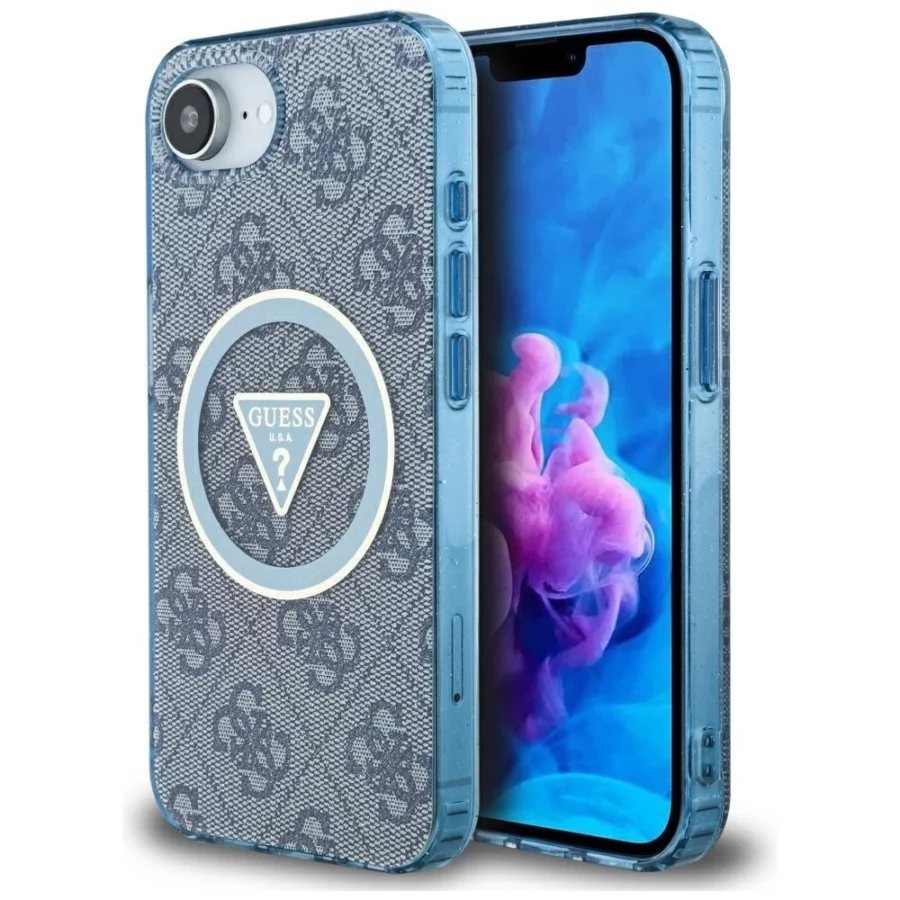 Etui Guess IML Metal Glitter 4G Circle Triangle MagSafe na iPhone 16e - niebieskie