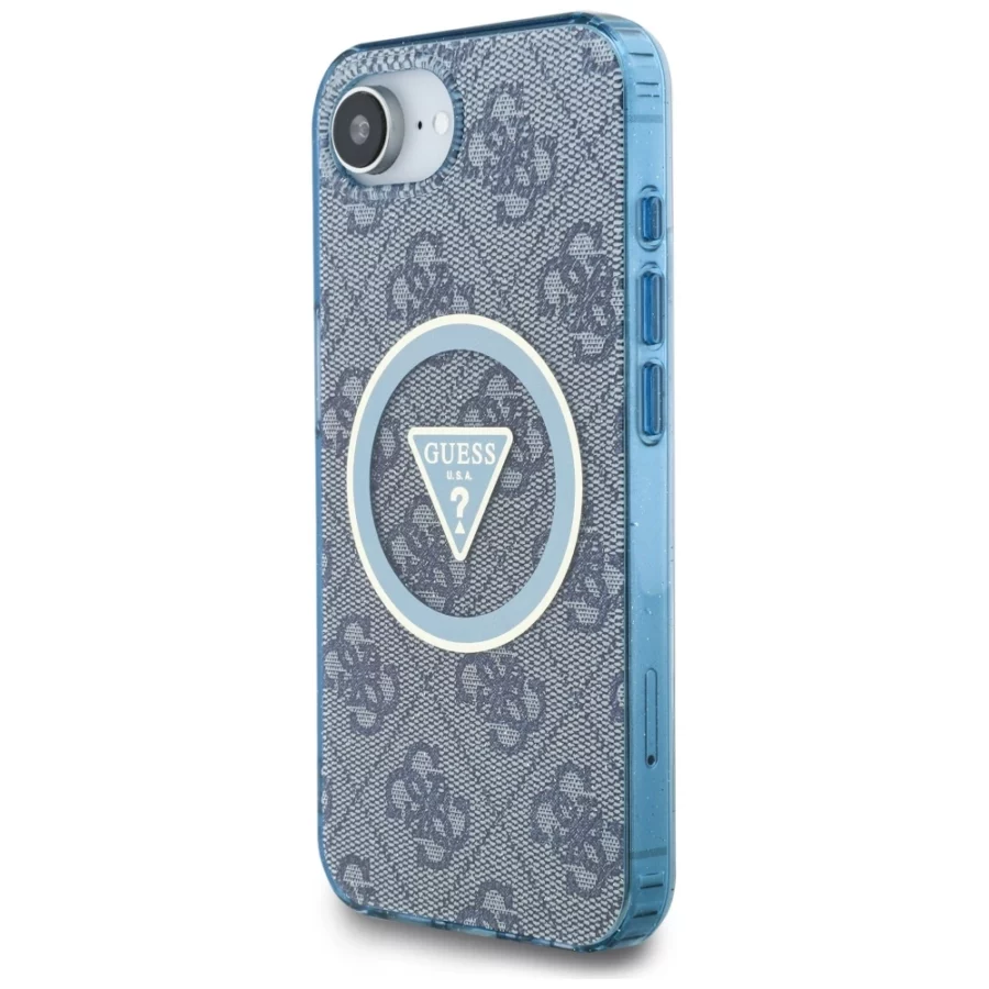 Etui Guess IML Metal Glitter 4G Circle Triangle MagSafe na iPhone 16e - niebieskie