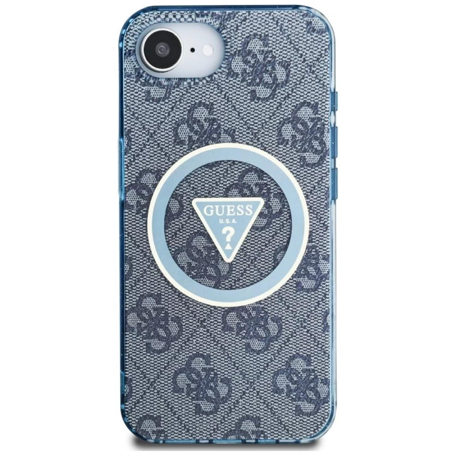 Etui Guess IML Metal Glitter 4G Circle Triangle MagSafe na iPhone 16e - niebieskie