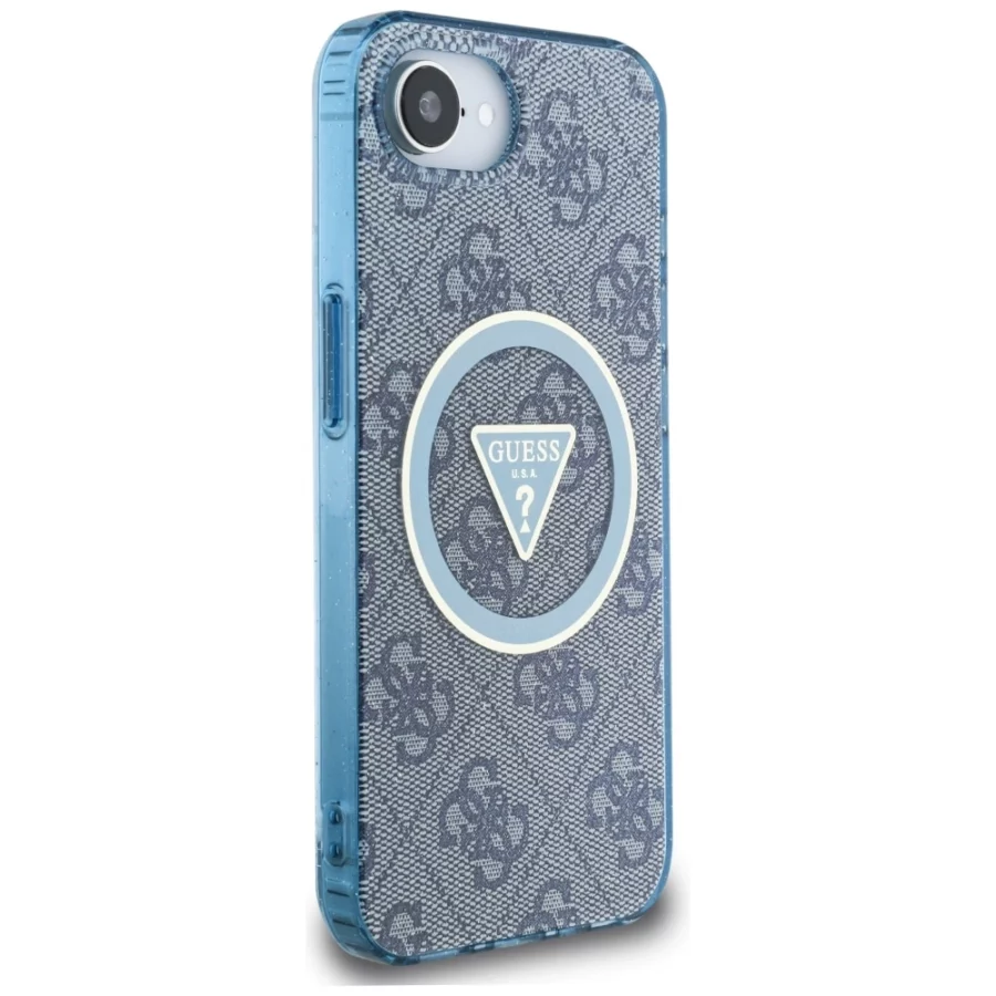 Etui Guess IML Metal Glitter 4G Circle Triangle MagSafe na iPhone 16e - niebieskie