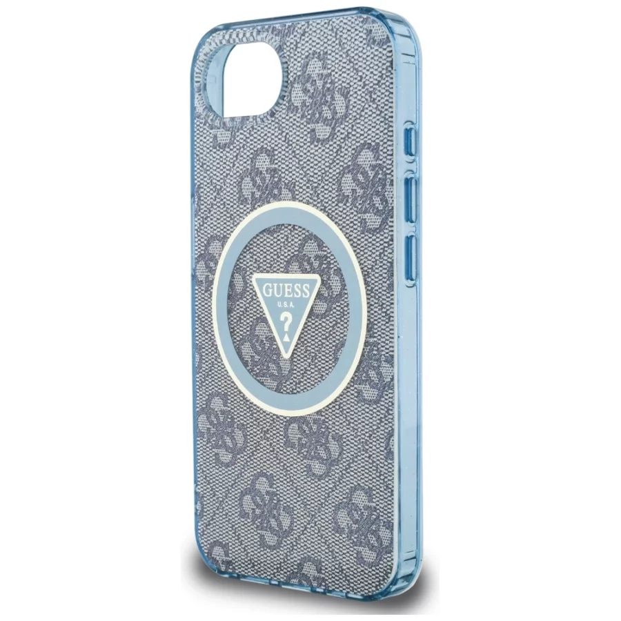 Etui Guess IML Metal Glitter 4G Circle Triangle MagSafe na iPhone 16e - niebieskie