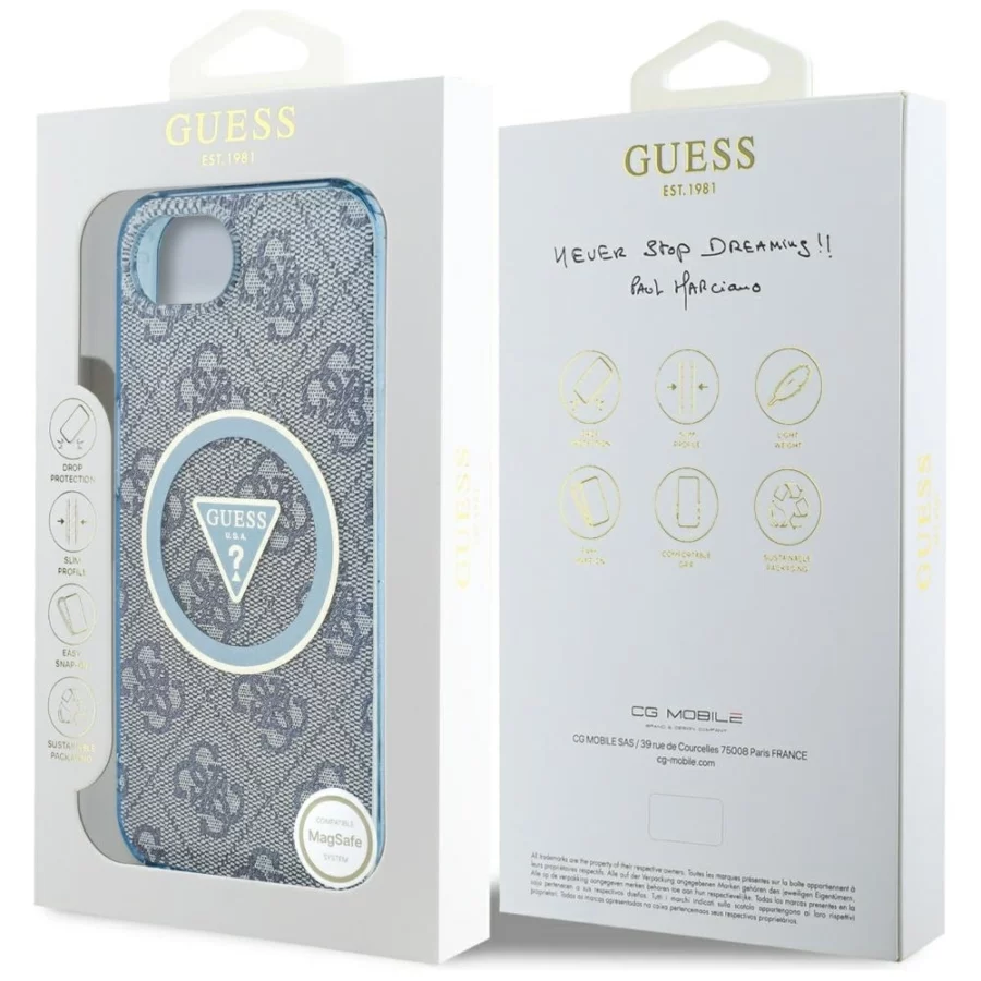 Etui Guess IML Metal Glitter 4G Circle Triangle MagSafe na iPhone 16e - niebieskie