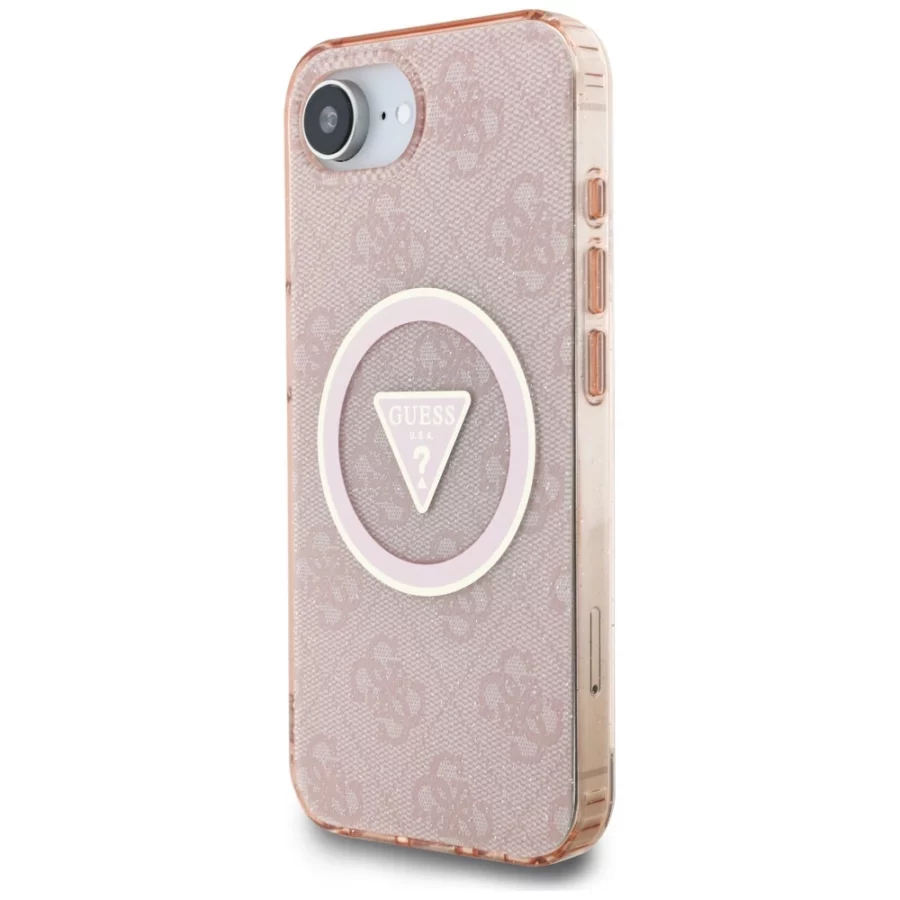 Etui Guess IML Metal Glitter 4G Circle Triangle MagSafe na iPhone 16e - różowe