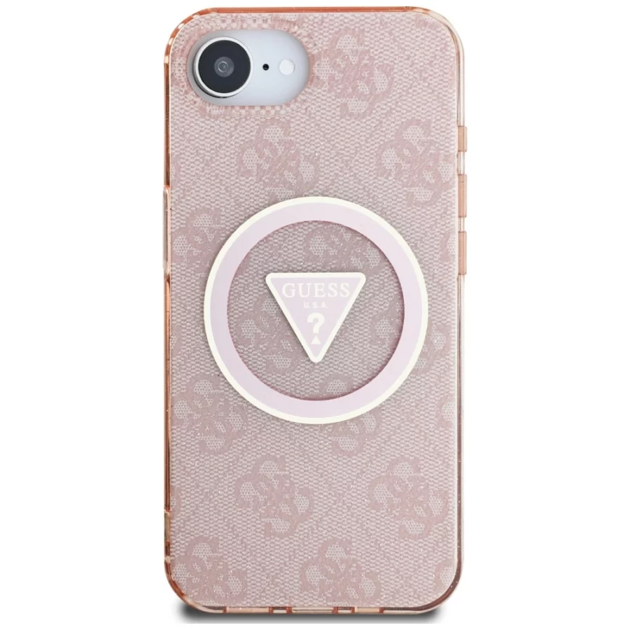 Etui Guess IML Metal Glitter 4G Circle Triangle MagSafe na iPhone 16e - różowe