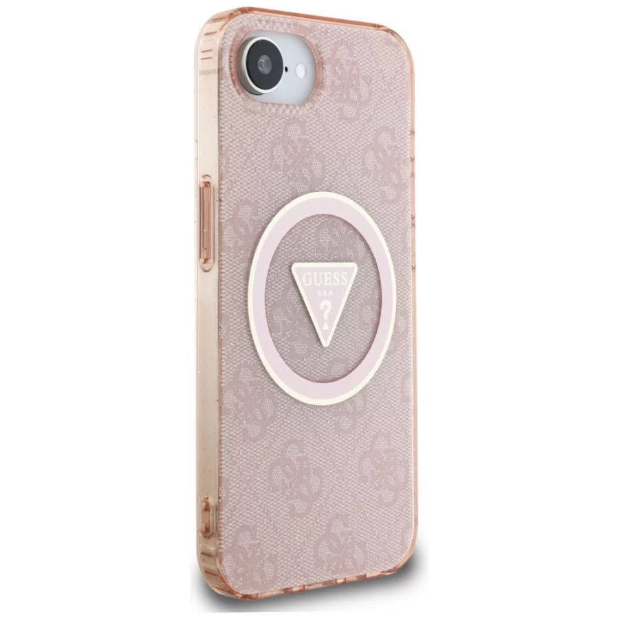 Etui Guess IML Metal Glitter 4G Circle Triangle MagSafe na iPhone 16e - różowe