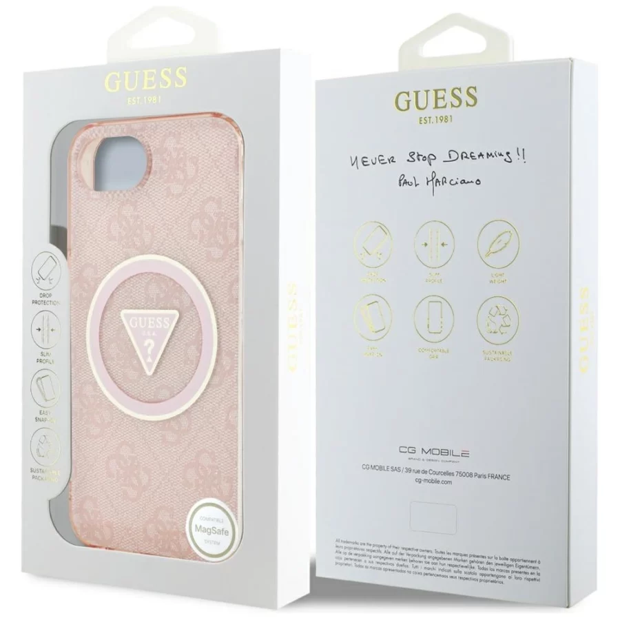 Etui Guess IML Metal Glitter 4G Circle Triangle MagSafe na iPhone 16e - różowe