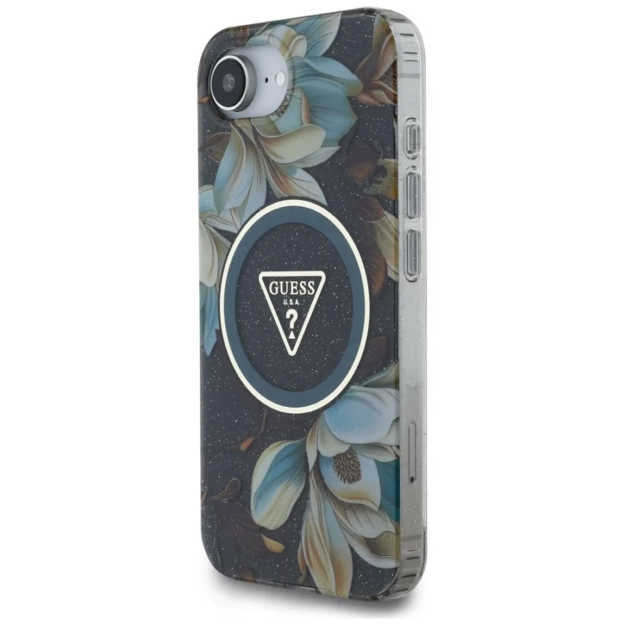 Etui Guess IML Metal Glitter Flowers Triangle MagSafe na iPhone 16e - czarne