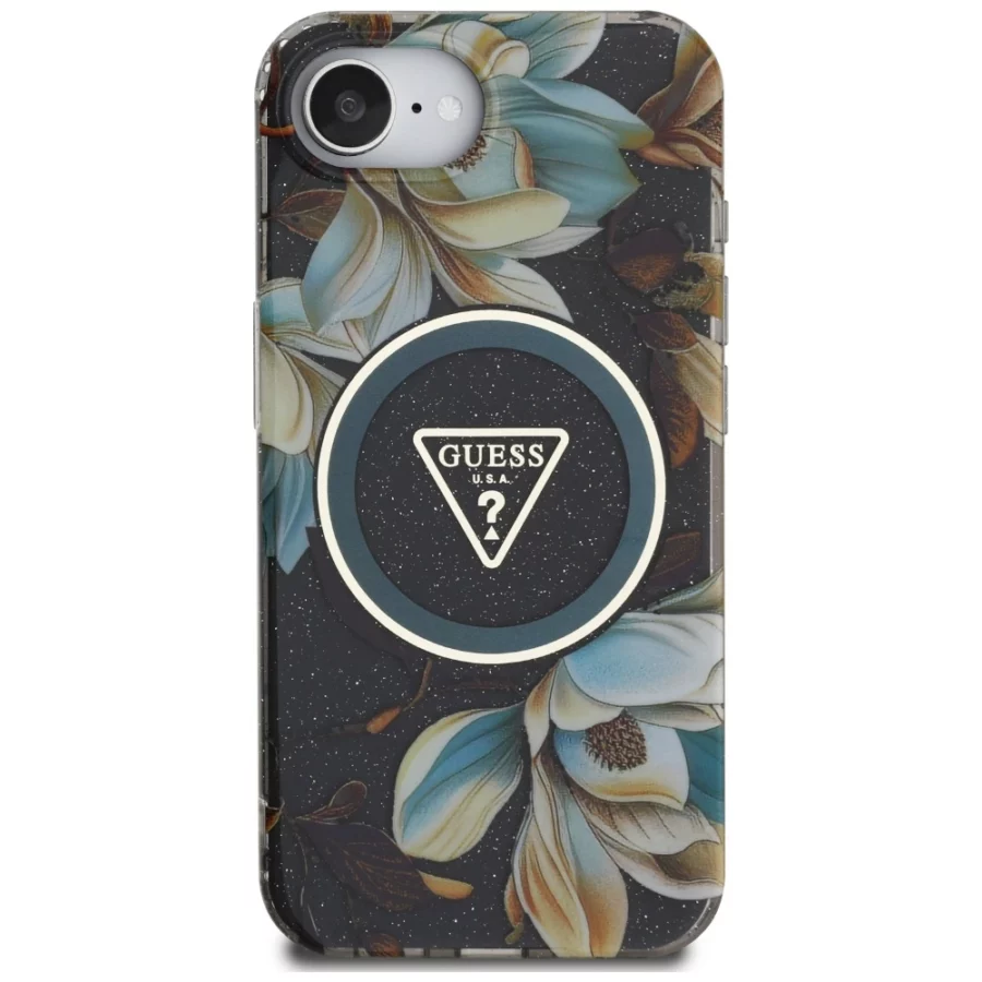 Etui Guess IML Metal Glitter Flowers Triangle MagSafe na iPhone 16e - czarne