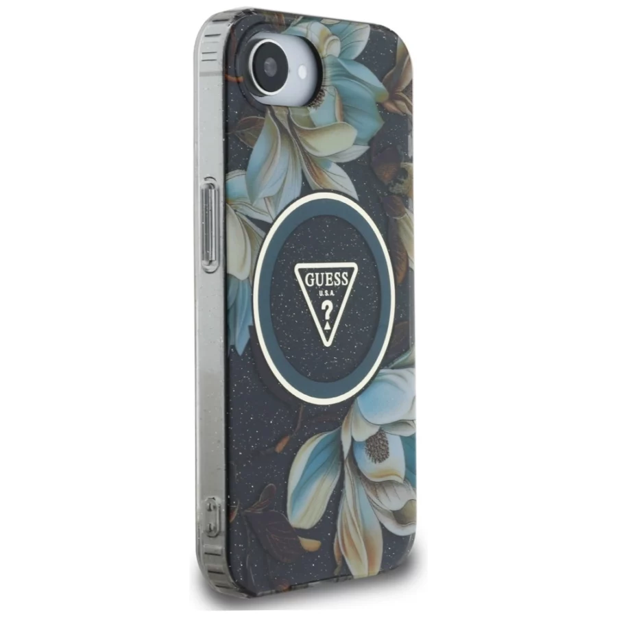 Etui Guess IML Metal Glitter Flowers Triangle MagSafe na iPhone 16e - czarne