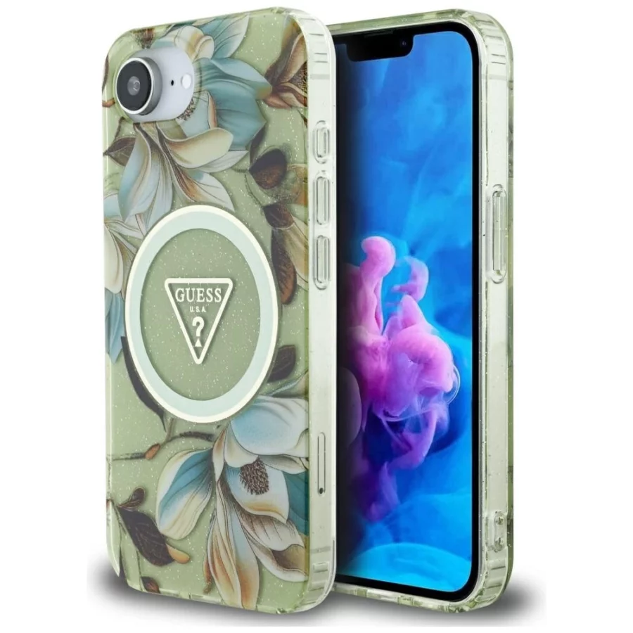 Etui Guess IML Metal Glitter Flowers Triangle MagSafe na iPhone 16e - zielone