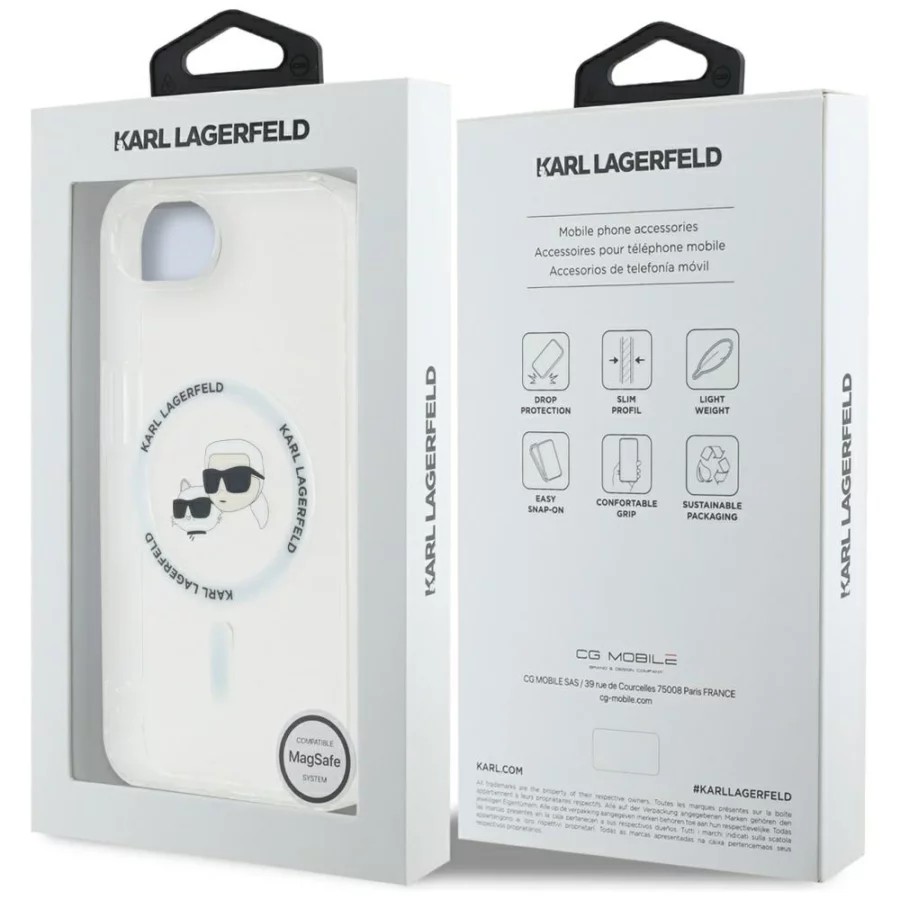 Etui Karl Lagerfeld IML Metal Karl & Choupette Heads MagSafe na iPhone 16e - białe