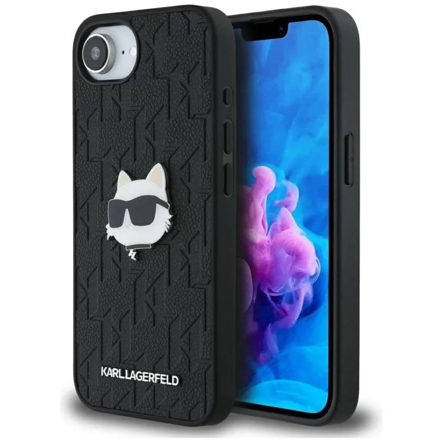 Etui Karl Lagerfeld Monogram Choupette Head Pin na iPhone 16e - czarne