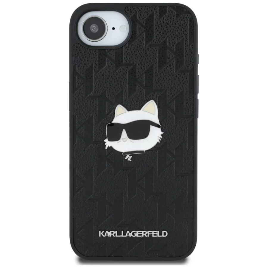 Etui Karl Lagerfeld Monogram Choupette Head Pin na iPhone 16e - czarne