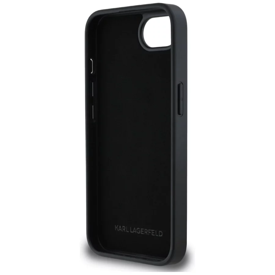 Etui Karl Lagerfeld Monogram Choupette Head Pin na iPhone 16e - czarne