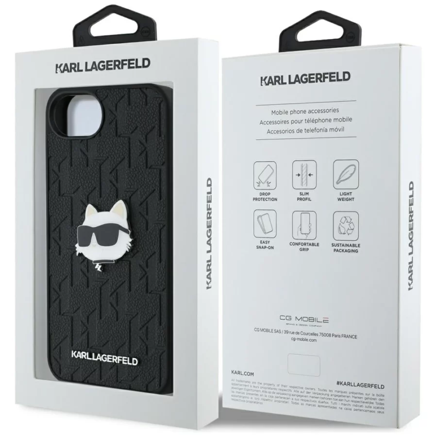 Etui Karl Lagerfeld Monogram Choupette Head Pin na iPhone 16e - czarne