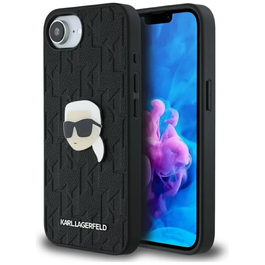 Etui Karl Lagerfeld Monogram Karl Head Pin na iPhone 16e - czarne