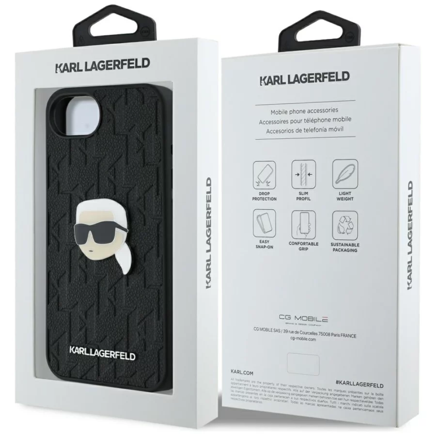 Etui Karl Lagerfeld Monogram Karl Head Pin na iPhone 16e - czarne