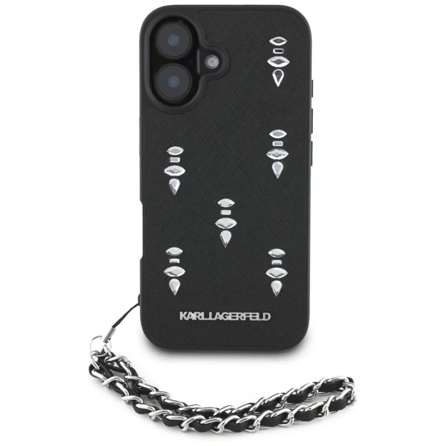 Etui Karl Lagerfeld Saffiano Crystals w/Chain na iPhone 16 - czarne