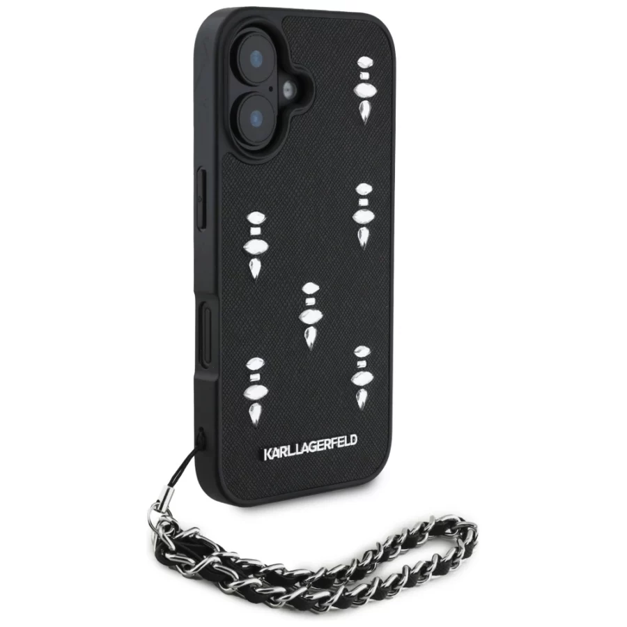 Etui Karl Lagerfeld Saffiano Crystals w/Chain na iPhone 16 - czarne