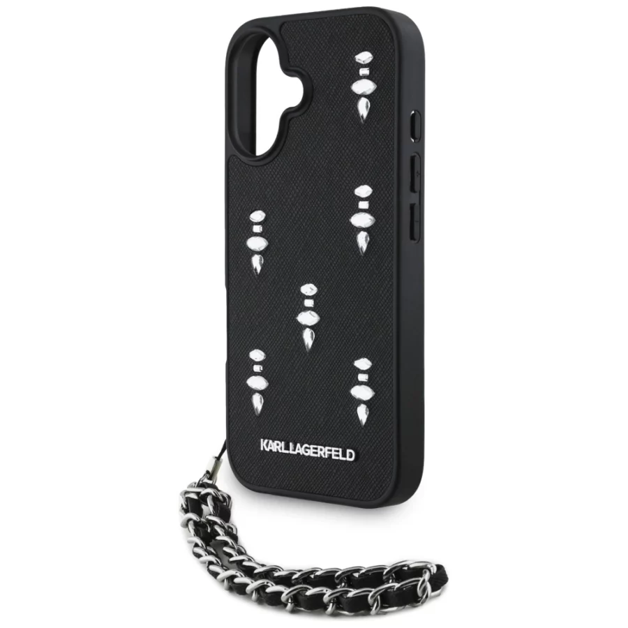 Etui Karl Lagerfeld Saffiano Crystals w/Chain na iPhone 16 - czarne